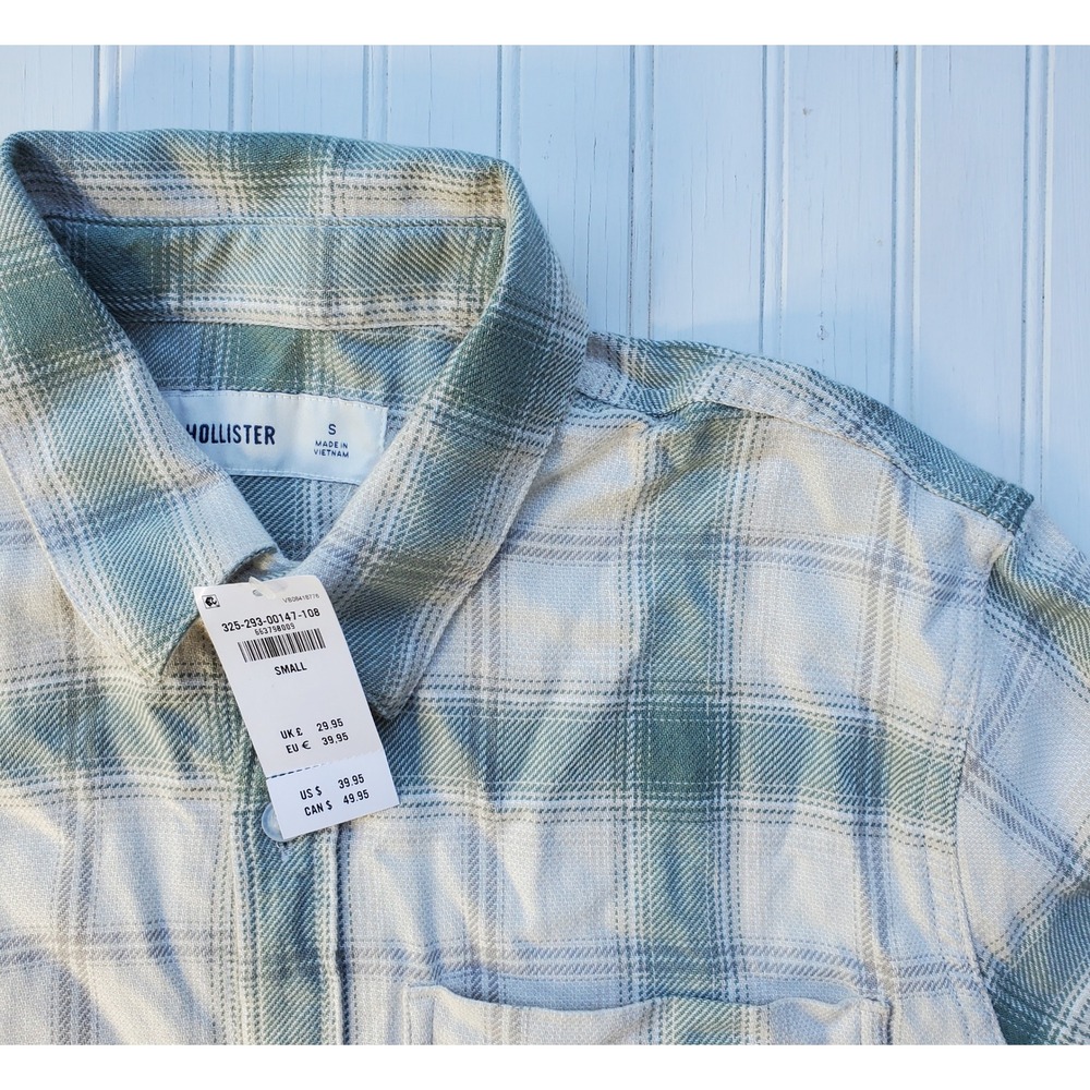 Hollister Womens‎ Plaid Flannel Shirt Sage Green Cream Button Down Small NWT